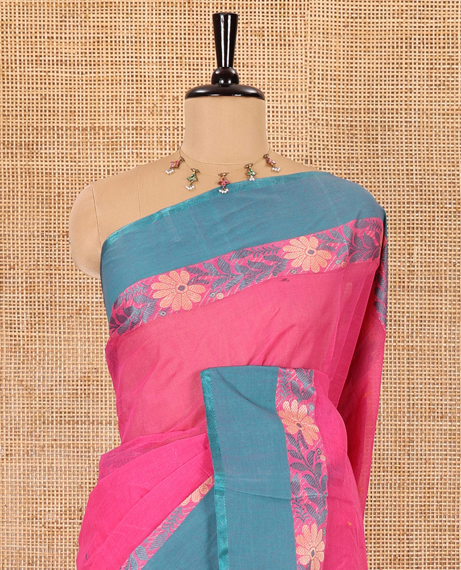 Pink thread buttas woven Bengal cotton saree, contrast floral creeper border, and striped pallu