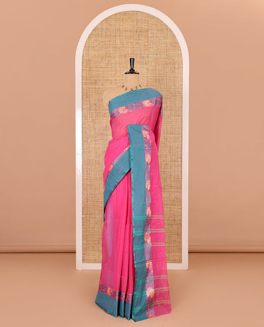 Pink thread buttas woven Bengal cotton saree, contrast floral creeper border, and striped pallu