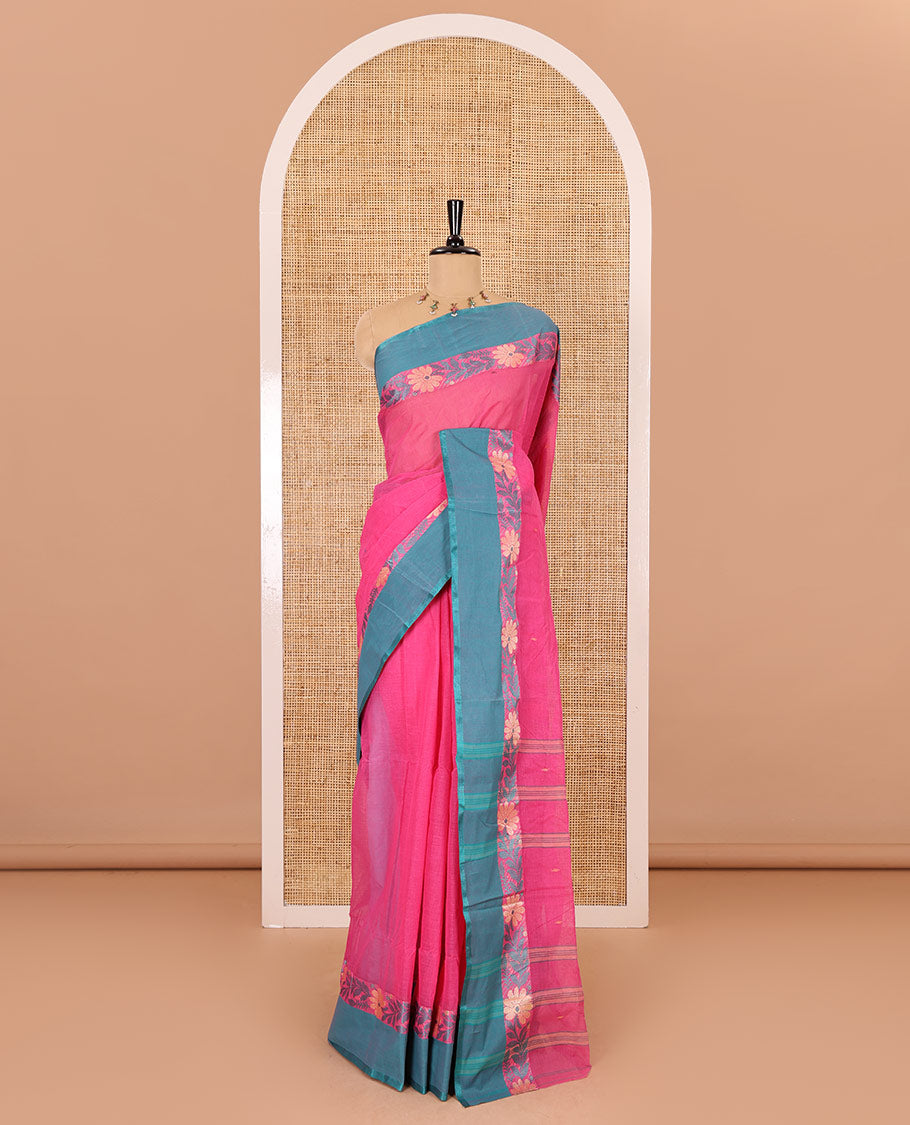 Pink thread buttas woven Bengal cotton saree, contrast floral creeper border, and striped pallu