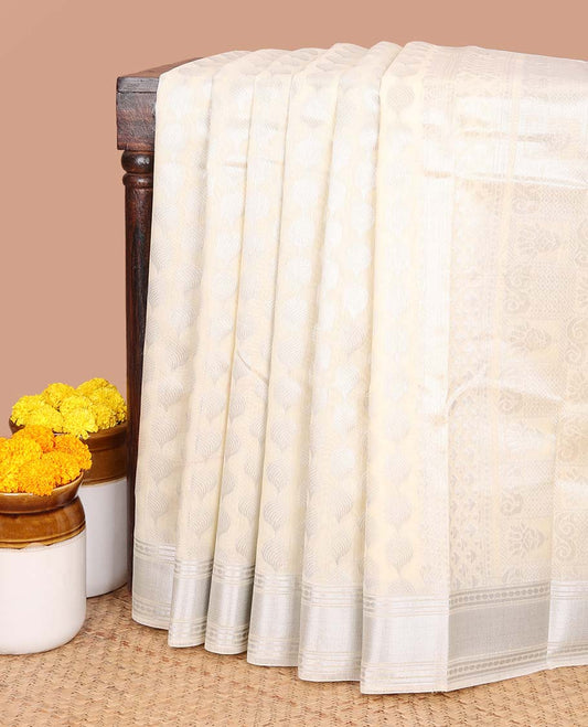 Sandal silver zari design silk cotton saree with double pad rudrashra border & rich pallu along with plain blouse
