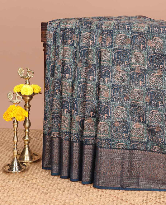 Peacock blue screen print linen saree with zari border & chit pallu along with brocade blouse
