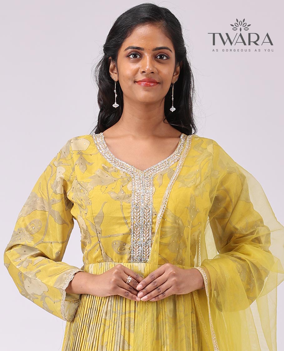 Mustard floral printed v-neck embroidered , 3/4 th sleeve, floor length with sheer , embroidery border dupatta