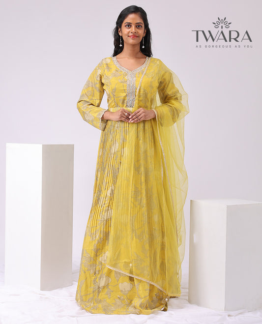 Mustard floral printed v-neck embroidered , 3/4 th sleeve, floor length with sheer , embroidery border dupatta