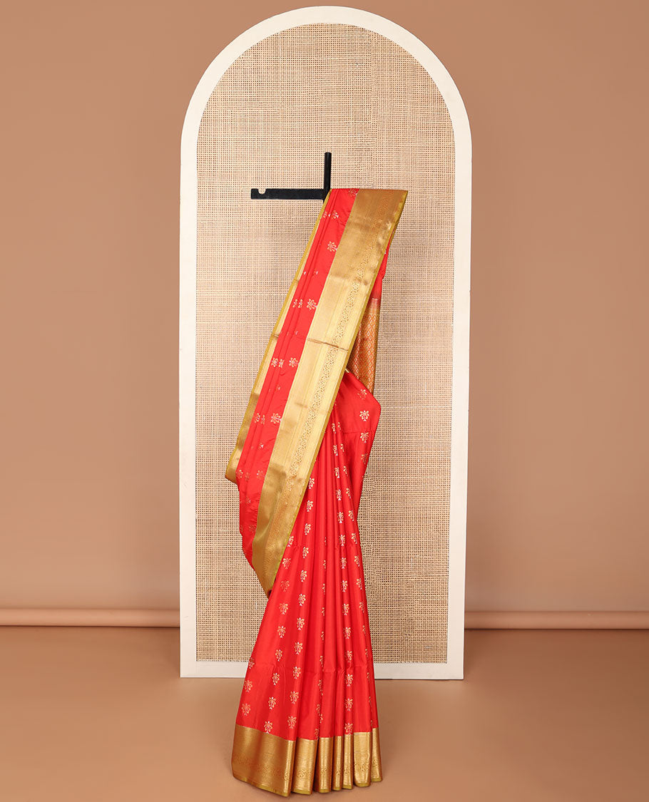 Red motifs soft silk saree with contrast zari design border & checked floral design pallu