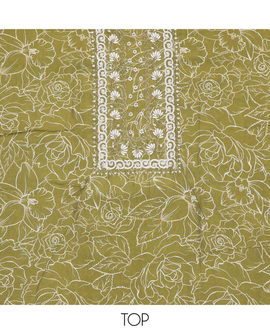 Green material chudidar set, vine printed with neck embroidered top, plain bottom and sequins embroidered dupatta