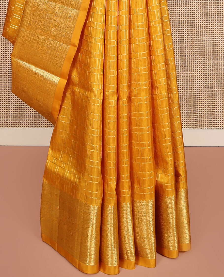 Yellow Venkatagiri Silk Saree, Gleamed Up with Geometric Design All Over Its Body, Highlightad by a Traditional Zari Design Border, Grand Jaal Pallu, and Paired with a Matching Blouse