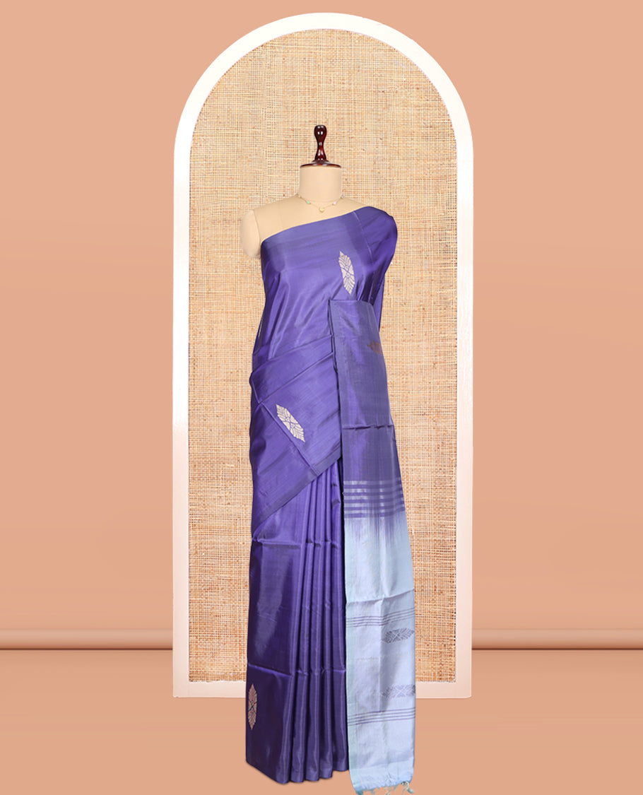 Borderless Blue Banana Pith Saree, Woven with Buttas, a Contrast Pallu of Stripes and Buttas, and a Contrast Blouse
