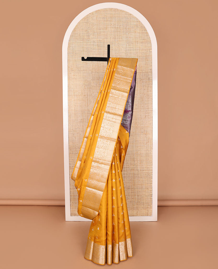 Orange buttas silk saree with self border of floral, banaras design & floral design pallu