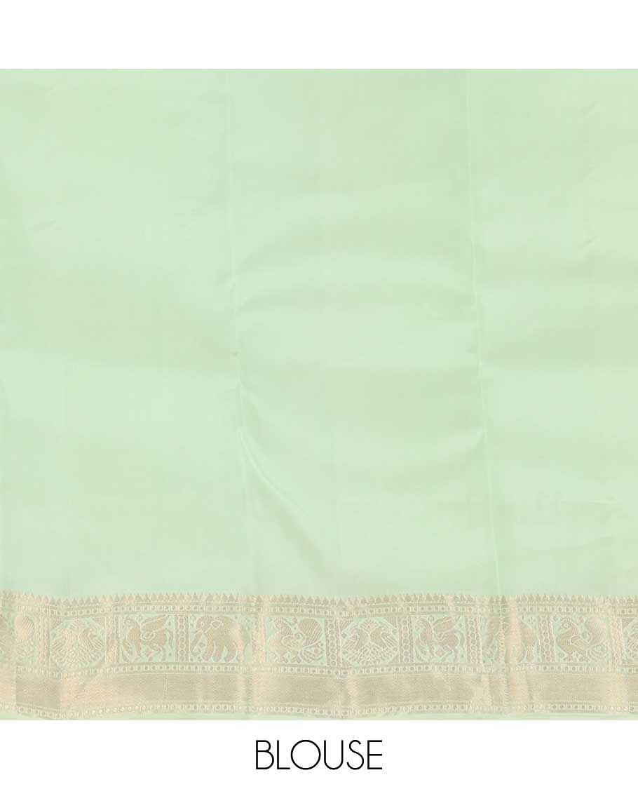 Pink kamalam and singam buttas silk saree, contrast border of thilakam, paisa, vanki, yaanai, kuthirai and iru thalai pakshi, and zari woven pallu