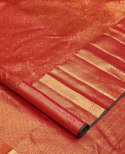 Red jacquard wedding silk saree, zari border of thilakam, cross rudraksham, muthu, vanki,  and kodi visiry, and jaal pallu