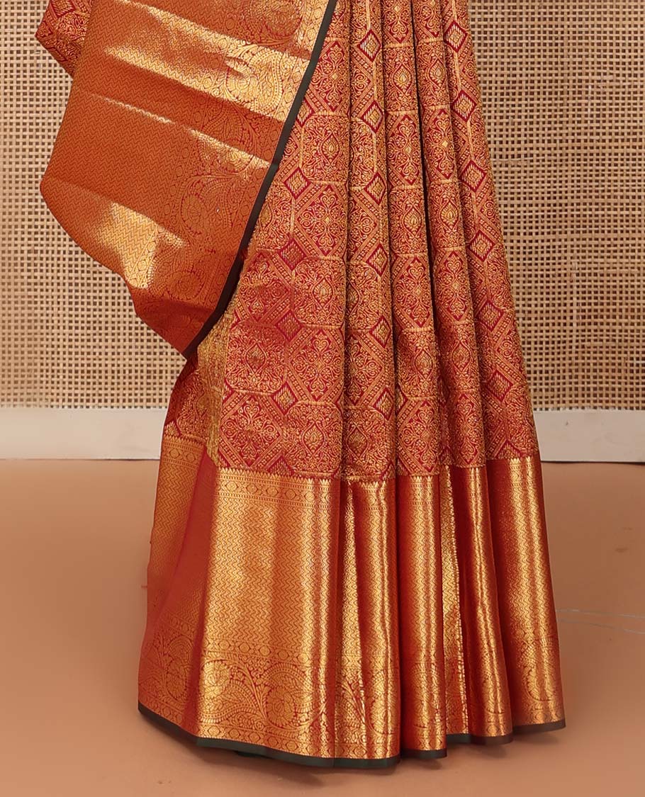 Red jacquard wedding silk saree, zari border of thilakam, cross rudraksham, muthu, vanki,  and kodi visiry, and jaal pallu