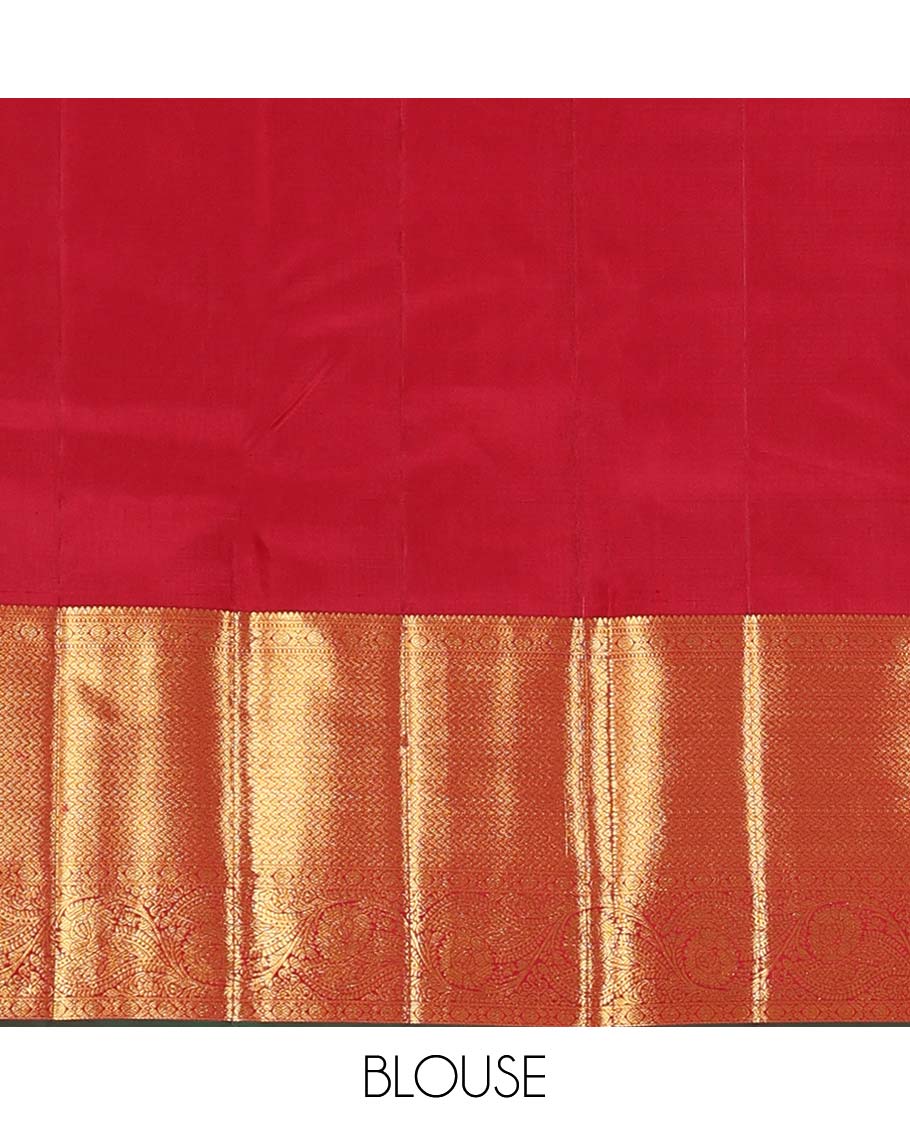 Red jacquard wedding silk saree, zari border of thilakam, cross rudraksham, muthu, vanki,  and kodi visiry, and jaal pallu