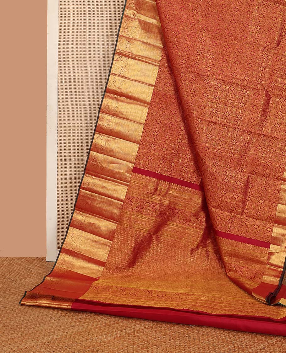 Red jacquard wedding silk saree, zari border of thilakam, cross rudraksham, muthu, vanki,  and kodi visiry, and jaal pallu