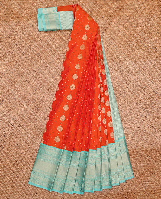 Orange zari buttas gift saree, contrast traditional zari design border, and pallu of jaal design