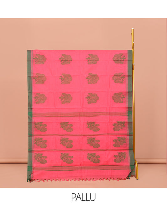 Red Kanchi Cotton Saree, Decked Up with Tree Motifs All Over Its Body, Complemented by Contrast Border, Pallu of Stripes and Flower-vase Motifs , and Paired with a Matching Blouse