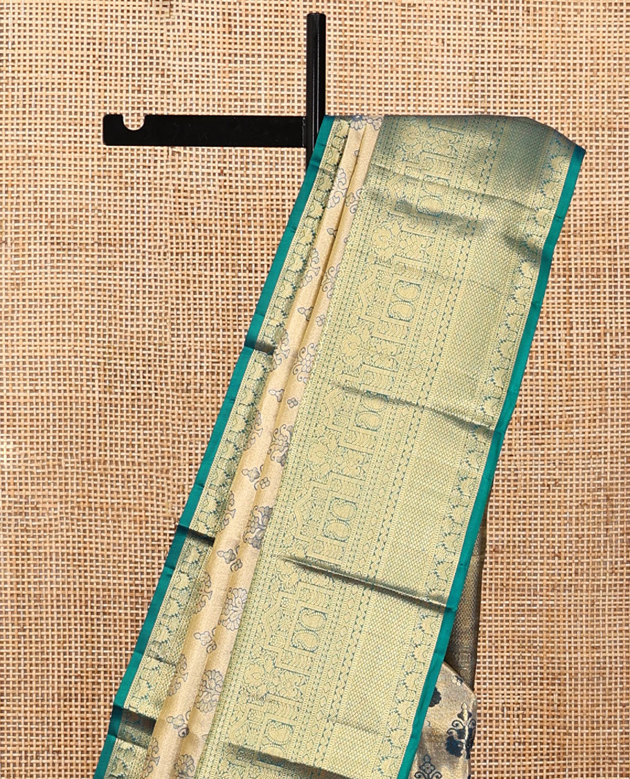 Gold Kanchipuram Tissue Silk Saree, Gracefully Embellished with Jacquard, Contrast Border of Thilakam Mokku, Muthu, Kodi Visiry, Manga, and Mayil Kann, Grand Pallu, and Matching Blouse