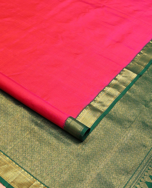 Red plain nine-yard silk saree, contrast korvai border of thilakam, banaras, kathir, and mayil kann designs, and jaal pallu
