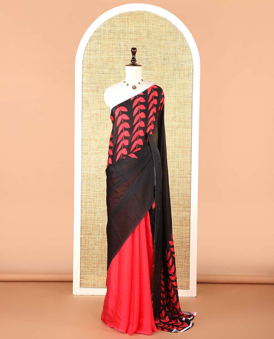 Borderless black half-half style crepe silk saree printed with red color leaf vine design, leaf motifs printed blouse