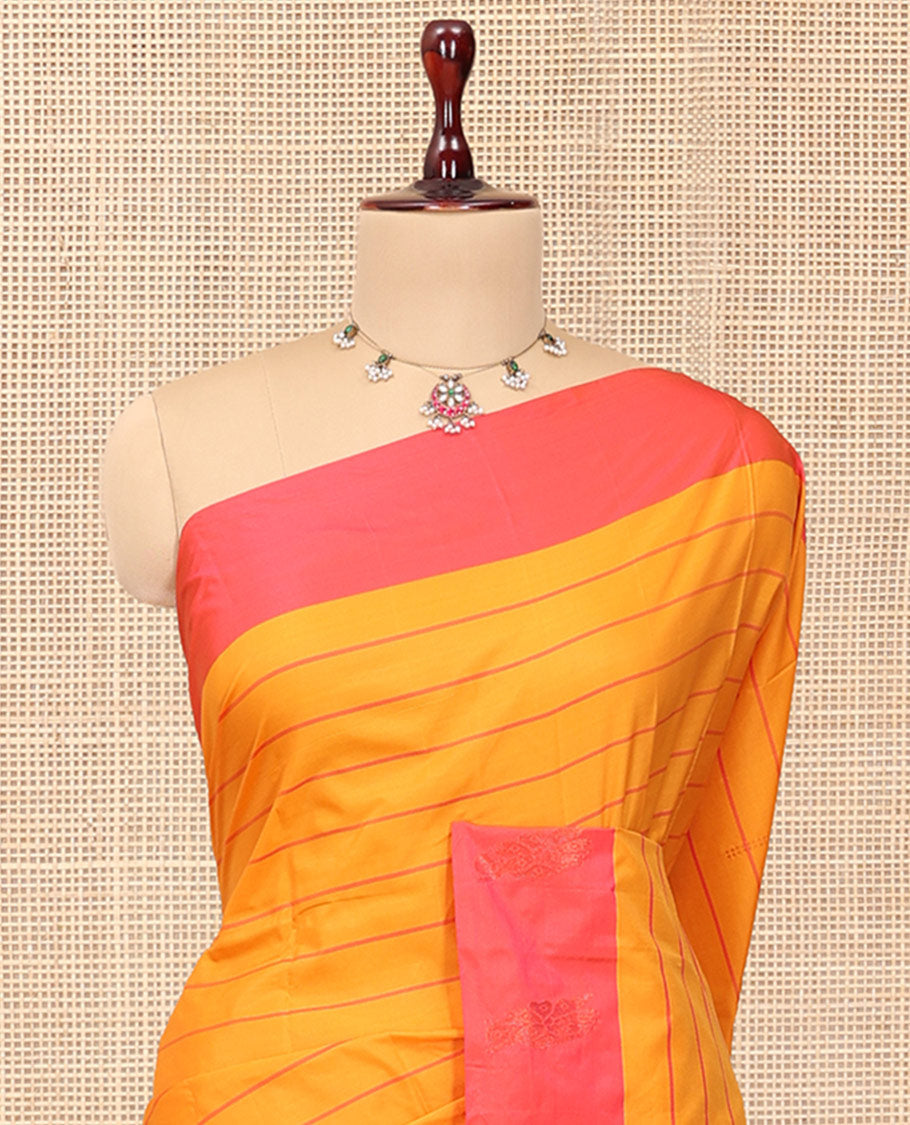 Orange Zari Striped Arani Saree, a Contrast Zari Butta Border, Zari Design Pallu, and a Contrast Blouse