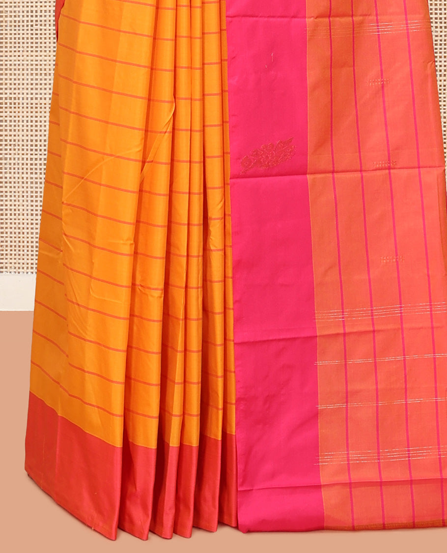 Orange Zari Striped Arani Saree, a Contrast Zari Butta Border, Zari Design Pallu, and a Contrast Blouse