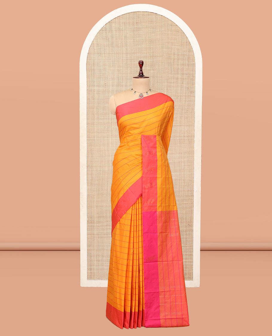 Orange Zari Striped Arani Saree, a Contrast Zari Butta Border, Zari Design Pallu, and a Contrast Blouse