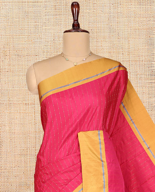 Rani Pink Aarani Gift Saree, Accentulated with Stripes on Its Body, Complemented by a Contrast Striped Border, Striped Pallu, and Paired with a Contrast Blouse