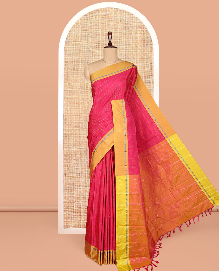 Rani Pink Aarani Gift Saree, Accentulated with Stripes on Its Body, Complemented by a Contrast Striped Border, Striped Pallu, and Paired with a Contrast Blouse