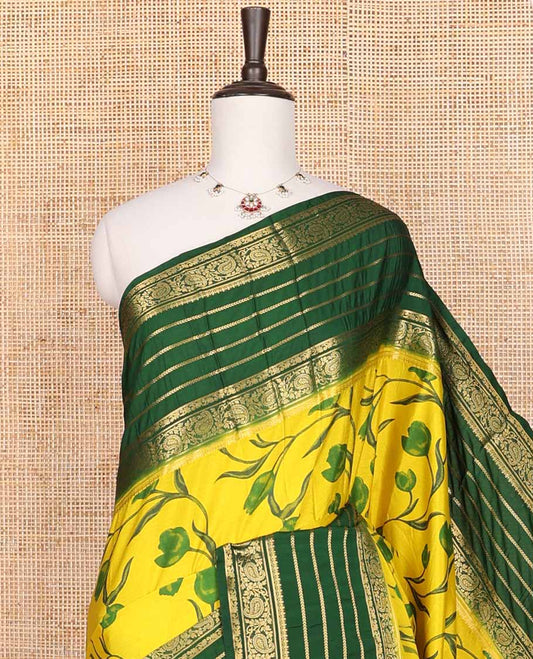 Yellow floral design mysore silk saree with contrast intricate zari design border & striped pallu