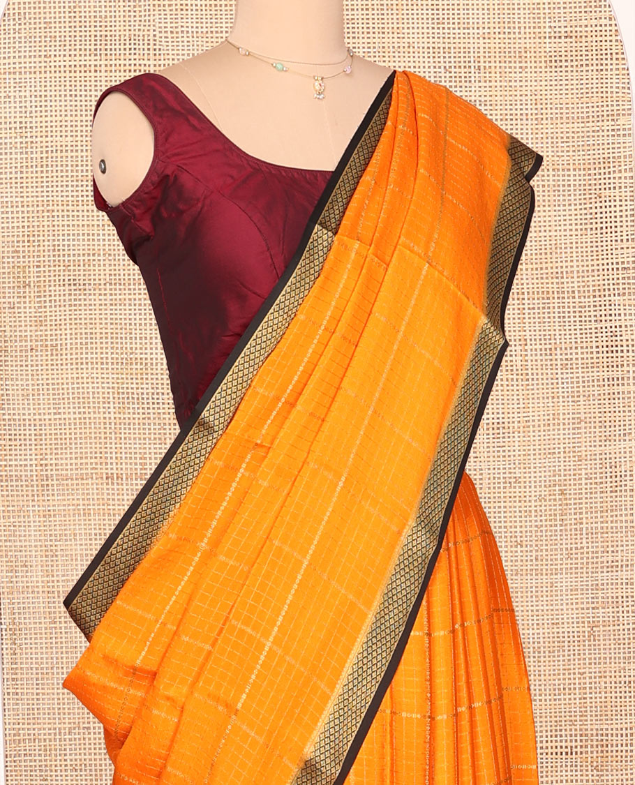 Orange Mysore Silk Saree, Enthralled with Zari Checked Design on Its Body, Complemented by a Contrast Traditional Zari Design Border, Sparsely Woven Pallu of Stripes, and Paired with a Contrast Blouse
