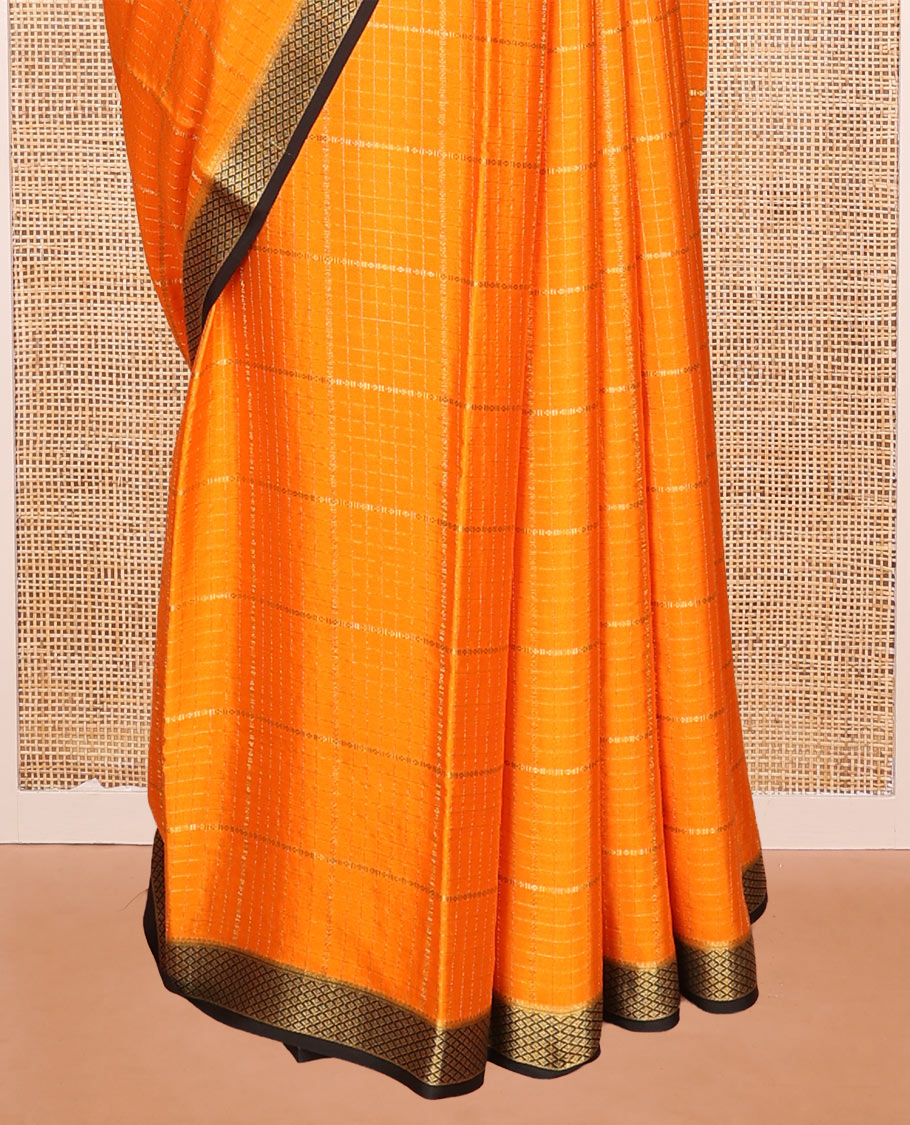 Orange Mysore Silk Saree, Enthralled with Zari Checked Design on Its Body, Complemented by a Contrast Traditional Zari Design Border, Sparsely Woven Pallu of Stripes, and Paired with a Contrast Blouse