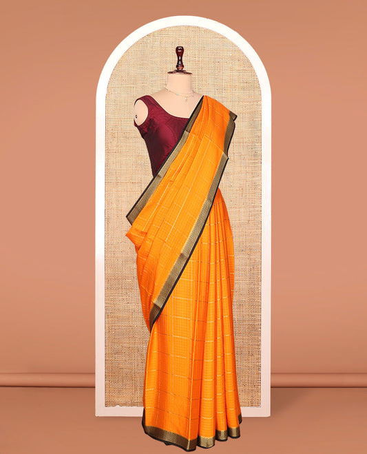 Orange Mysore Silk Saree, Enthralled with Zari Checked Design on Its Body, Complemented by a Contrast Traditional Zari Design Border, Sparsely Woven Pallu of Stripes, and Paired with a Contrast Blouse