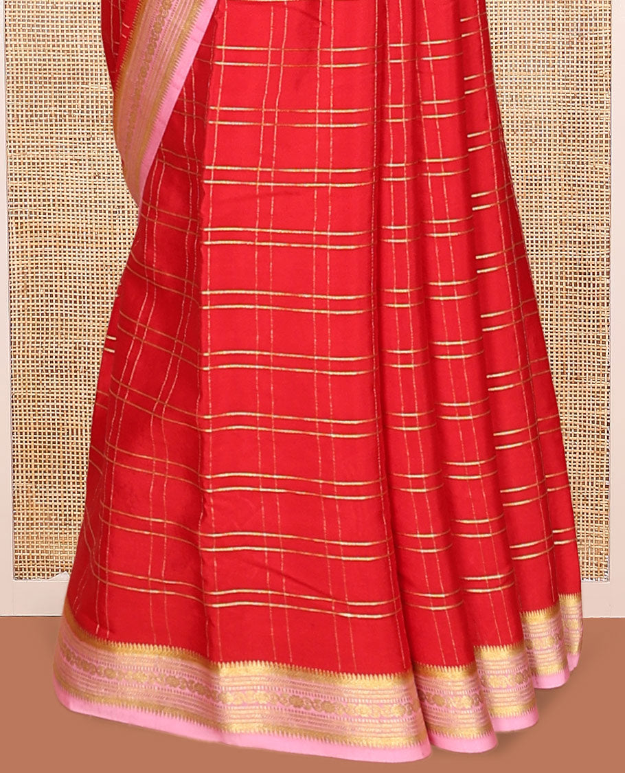 Red Mysore Silk Saree, Gleamed up with Zari Checked Design on its Body, Complemented by Captivating Contrast Border of Traditional Zari Designs, Pallu of Tropical Flora and Flamingo Bird Designs, and Paired with a Contrast Blouse