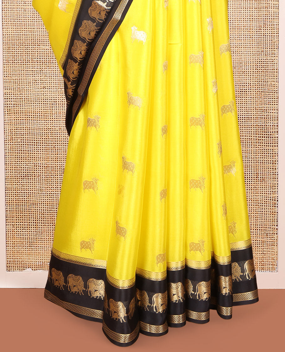 Yellow Mysore Silk Saree, Artfully Detailed with Pichwai Cow Buttas, Complemented by a Contrast Pichwai Cow Zari Border, Pallu Steeped with Pichwai Cows, and a Contrast Blouse