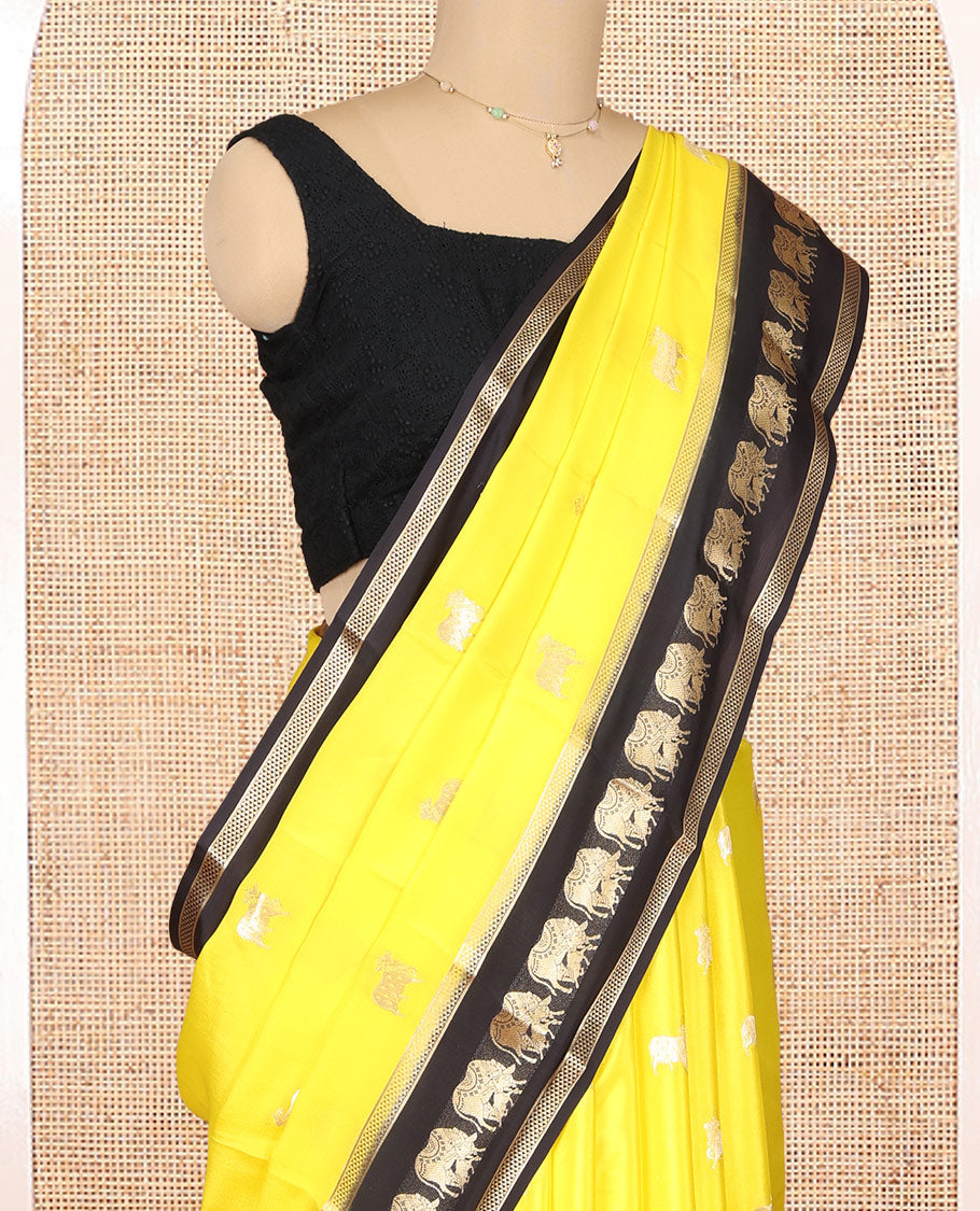 Yellow Mysore Silk Saree, Artfully Detailed with Pichwai Cow Buttas, Complemented by a Contrast Pichwai Cow Zari Border, Pallu Steeped with Pichwai Cows, and a Contrast Blouse