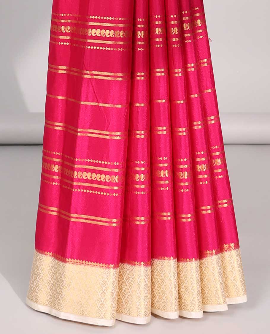 Pink striped ,paisley motifs design art mysore silk saree with contrast zari border & peacock design pallu