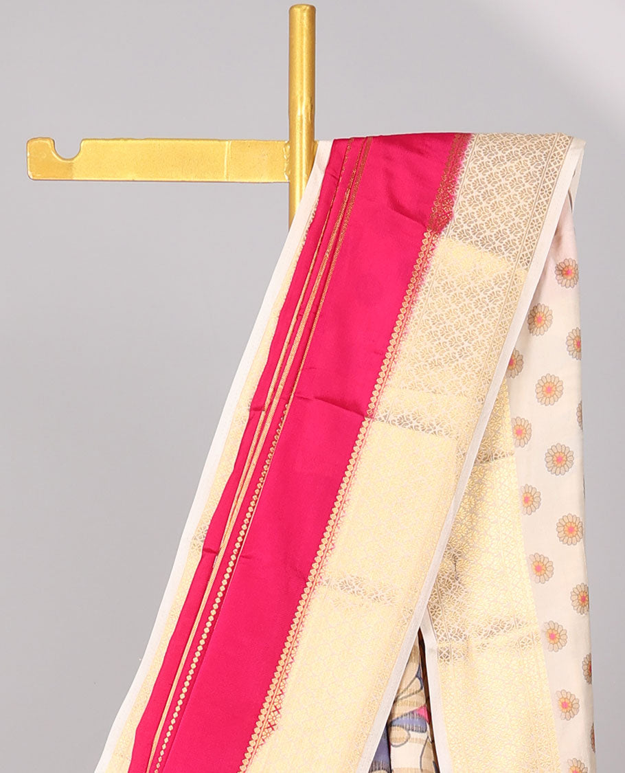 Pink striped ,paisley motifs design art mysore silk saree with contrast zari border & peacock design pallu