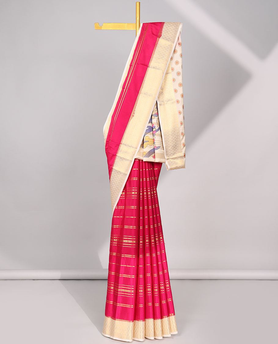 Pink striped ,paisley motifs design art mysore silk saree with contrast zari border & peacock design pallu