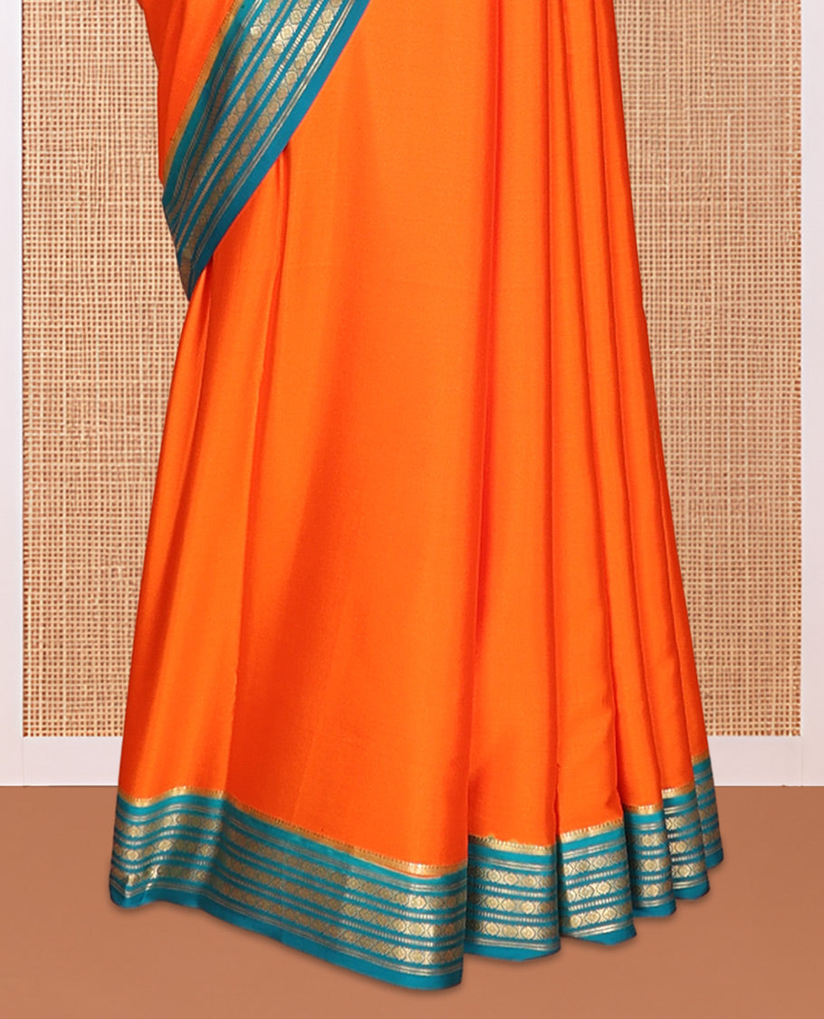 Orange Plain Mysore Silk Saree, Complemented by a Contrast Traditional Zari Border, Zari Striped Pallu, and a Contrast Blouse