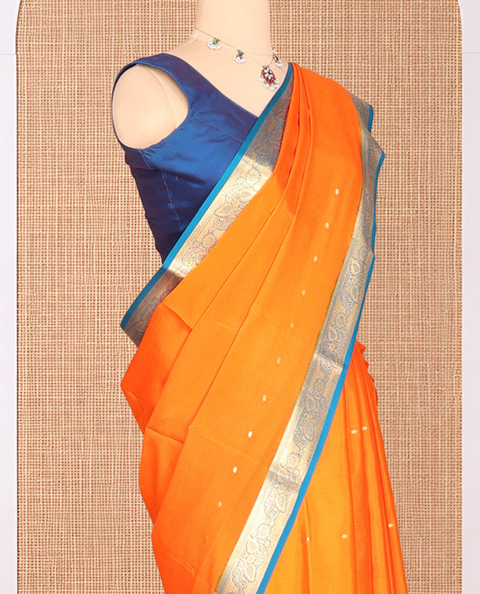 Orange Zari Buttas Mysore Silk Saree, Complemented by a Contrast Traditional Zari Border, Zari Design Pallu, and a Contrast Blouse