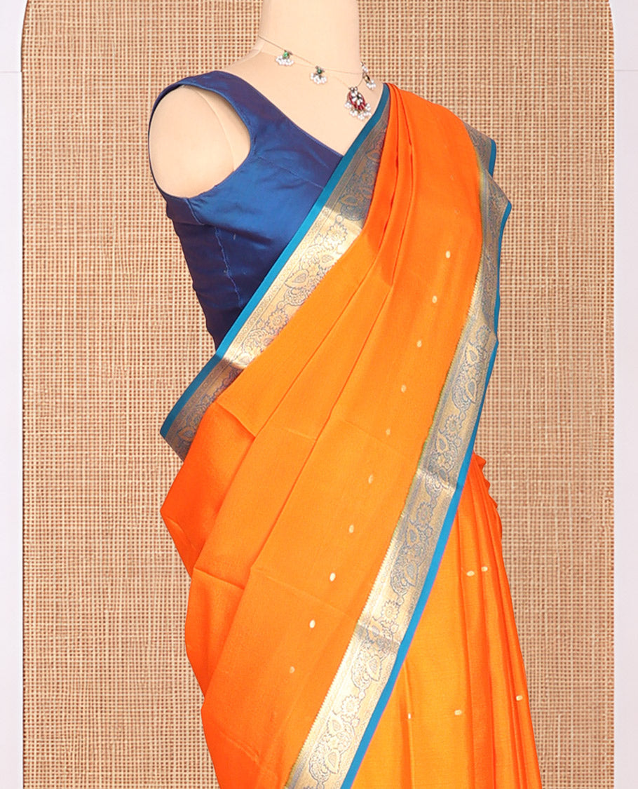 Orange Zari Buttas Mysore Silk Saree, Complemented by a Contrast Traditional Zari Border, Zari Design Pallu, and a Contrast Blouse