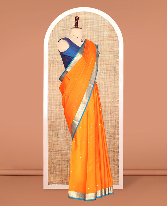 Orange Zari Buttas Mysore Silk Saree, Complemented by a Contrast Traditional Zari Border, Zari Design Pallu, and a Contrast Blouse
