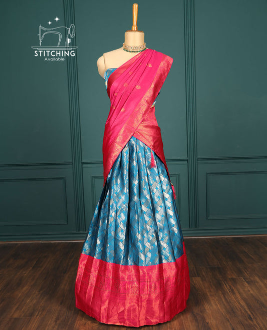 Blue geometric design art silk half saree,contrast blouse & traditional design stone work border & intricate dhavani