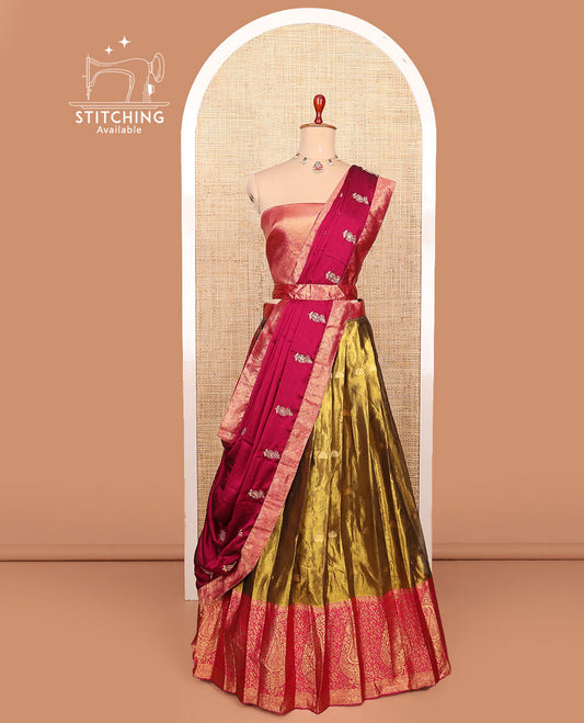 Gold-red zari buttas half-saree with contrast intricate motifs woven bordered skirt, brocade blouse, and a zari design dhavani