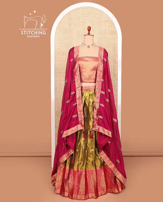 Gold-red zari buttas half-saree with contrast intricate motifs woven bordered skirt, brocade blouse, and a zari design dhavani