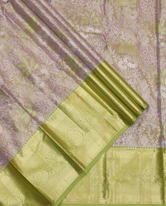 Grey and Green Art Silk Material Half-Saree Set, Woven with Jacquard Design Skirt, Complemented by Captivating Contrast Traditional Zari Designs Woven Border, Paired with a Contrast Blouse and Comes with a Paisley Designs Woven Dhavani