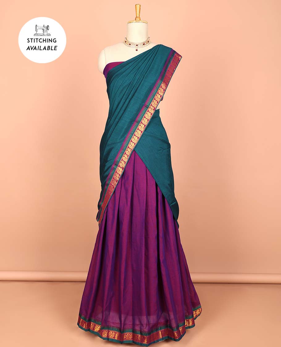 Blue cotton half saree with contrast zari border, plain blouse & plain with peacock zari border dhavani