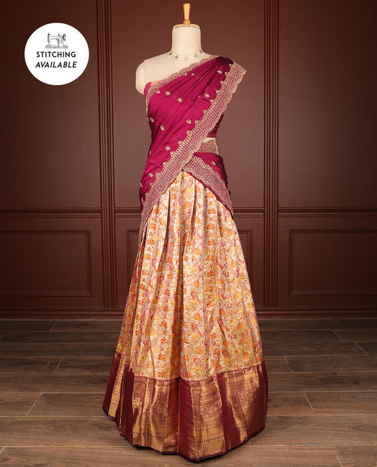 Cream floral vine design half saree with contrast zari design border, zari design blouse & red floral embroidery scallop border dhavani