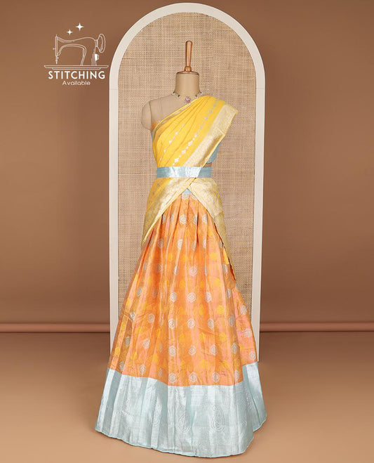 Orange floral zari design tissue half saree with contrast zari design border, zari design blouse & floral zari design dhavani