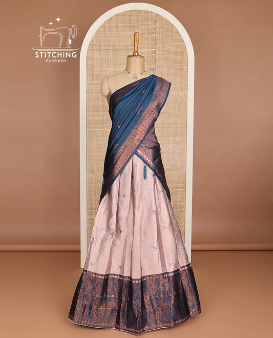 Mauve floral jacquard half saree with contrast zari design border, zari design blouse & floral zari design dhavani