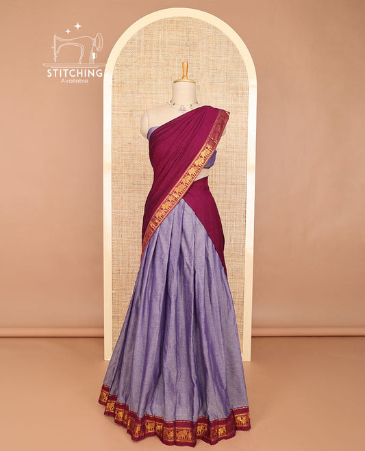 Lavender half saree with contrast elephant design borde, zari design blouse & plain, elephant design border dhavani